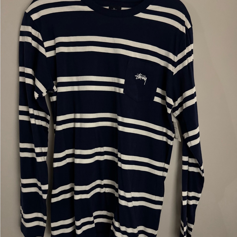 Stussy Men's Long Sleeve Navy and White Tee